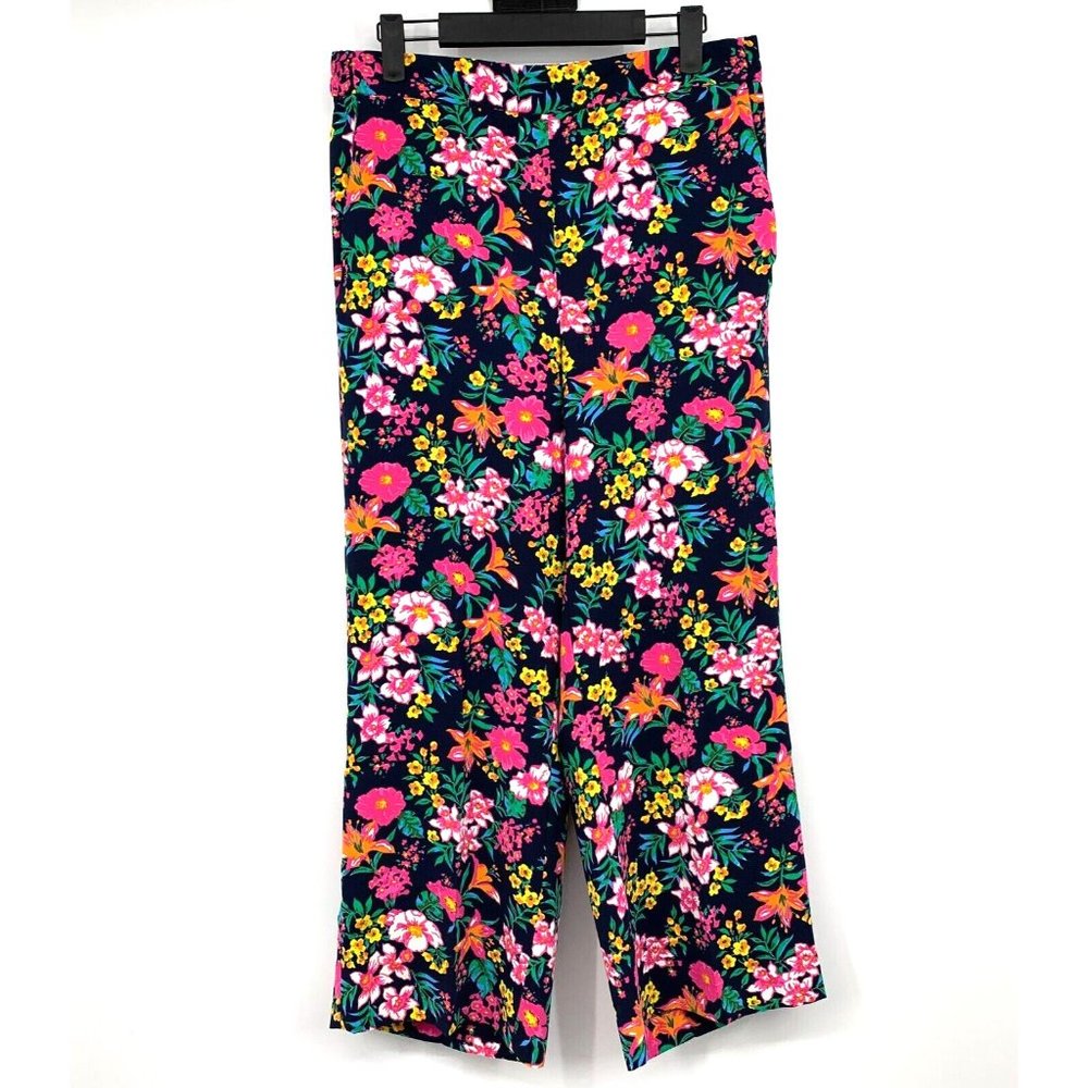 J.Crew Pants Jamie Floral Blue Pink Wide Leg Cropped Pockets Pull On